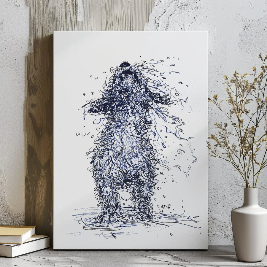 Wet Dog Shaking Canvas Print | Abstract Blue Ink Scribble Sketch | Premium Gallery Wrap Wall Art | Modern Animal Home Decor Gift