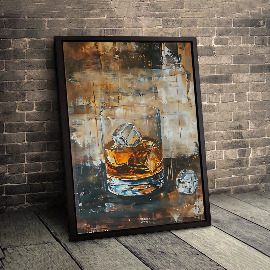 Whiskey Glass Canvas Wall Art | Abstract Alcohol Oil Painting Style | Premium 1.25" Gallery Wrap | Bar Decor & Man Cave Gift