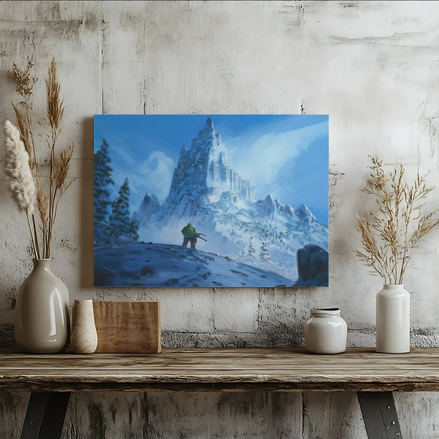 Fantasy Mountain Fortress Canvas Print | Lone Traveler Snowy Landscape Art | Premium Gallery Wrap Wall Decor | Gift for RPG Gamer & Fantasy Fans