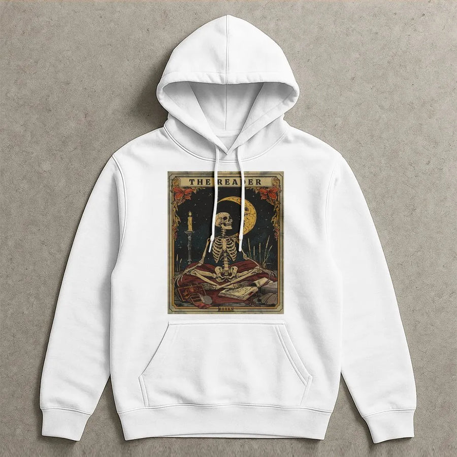 The Reader Tarot Card Shirt | Vintage Skeleton Reading Book Graphic | Premium Comfort Colors Tee | Gift for Book Lovers and Librarians