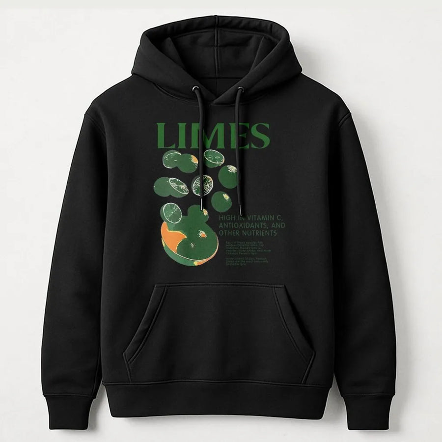 Limes Fruit Hoodie | Retro Botanical Typography Graphic | Premium Cotton Blend | Aesthetic Foodie Gift for Men and Women