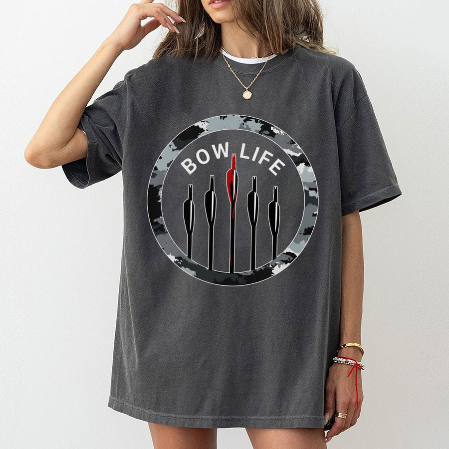 Bow Life Archery T-Shirt | Camo Arrow Target Graphic | Premium 100% Cotton | Gift for Bow Hunters and Outdoor Enthusiasts