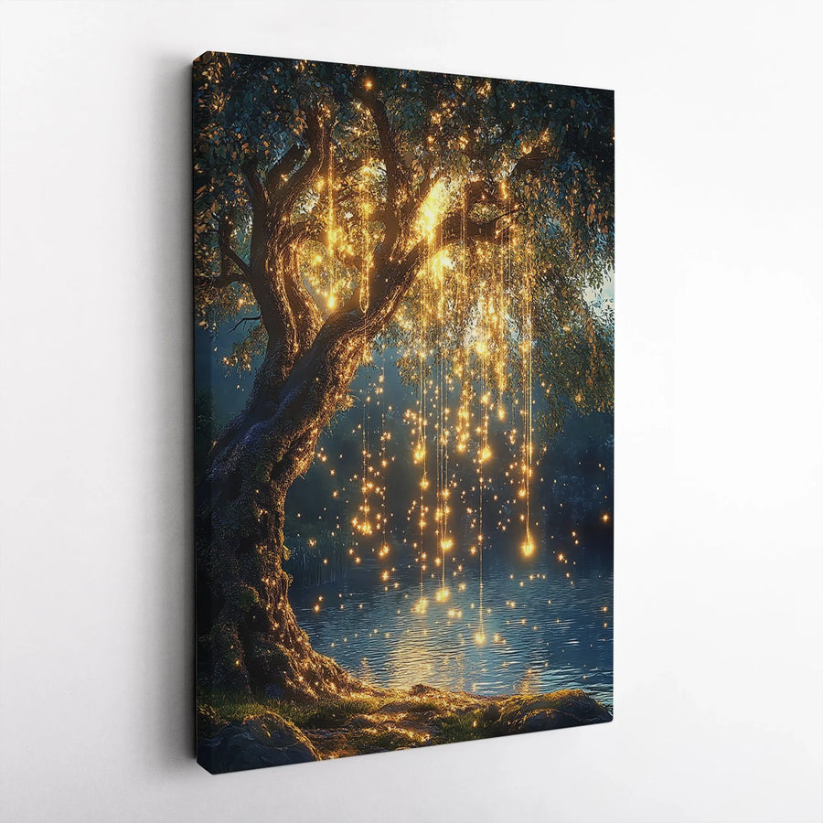 Enchanted Willow Tree Canvas Art | Glowing Fairy Lights Nature Print | Premium 1.25 Inch Gallery Wrap | Dreamy Forest Wall Decor Gift