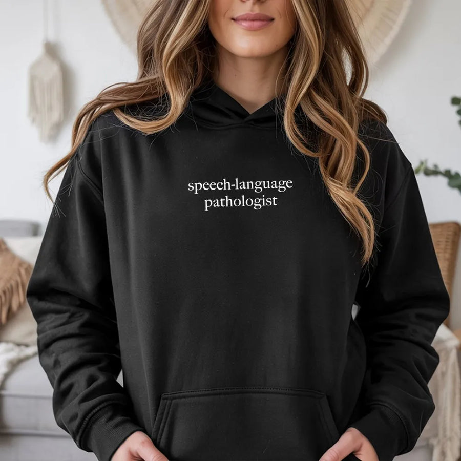Speech Language Pathologist Hoodie | Minimalist SLP Text Design | Soft Cotton Blend Pullover | Gift for Speech Therapist, Graduation Gift