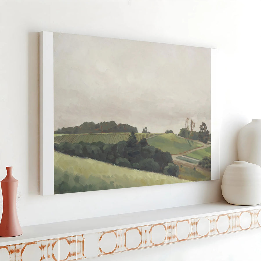 Rolling Hills Canvas Wall Art | Muted Green Landscape Painting | Premium Canvas Print | Farmhouse Living Room Decor