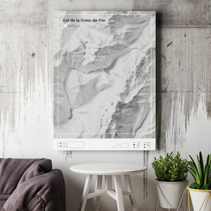 Col de la Croix de Fer Canvas Print | Minimalist Cycling Route Map with Elevation Profile | Premium Gallery Wrapped Wall Art | Gift for Cyclist and Collector