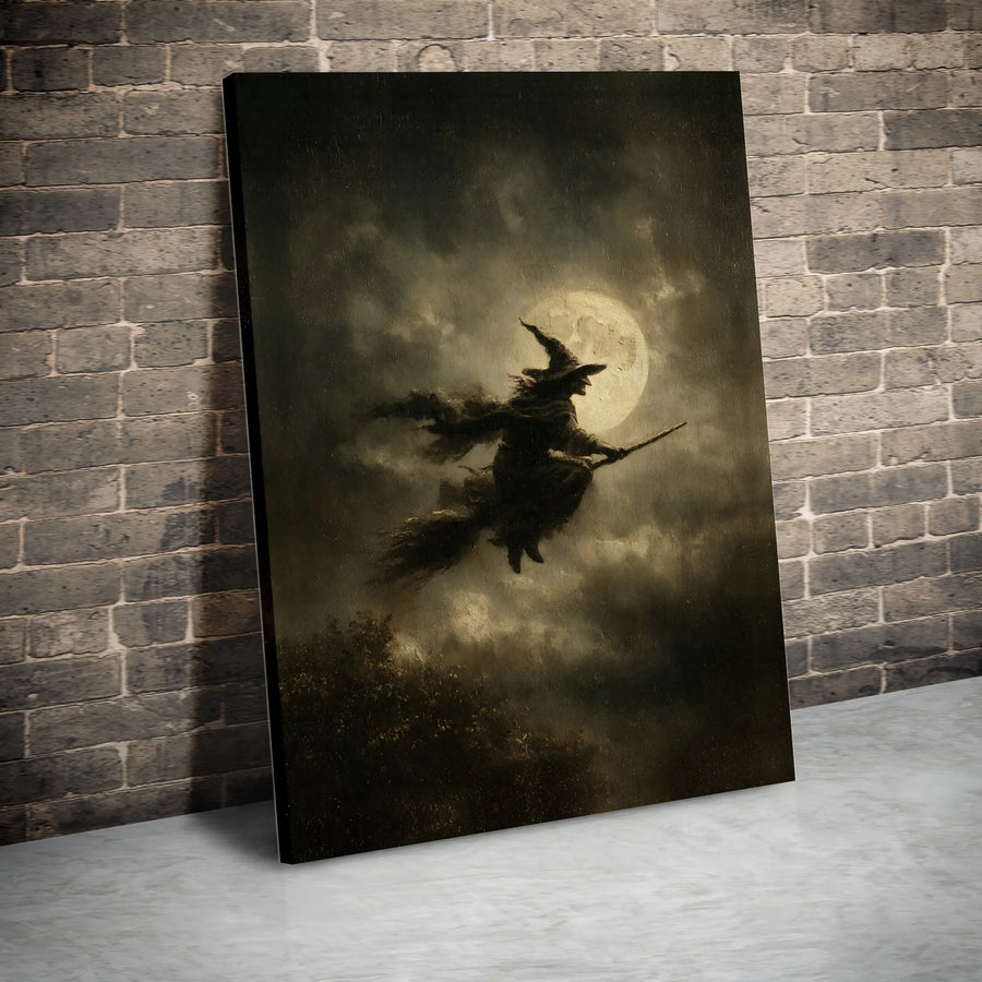 Witch Flying on Broomstick Wall Art | Gothic Full Moon Canvas Print | Premium Fade-Resistant Gallery Wrap | Spooky Halloween Home Decor Gift