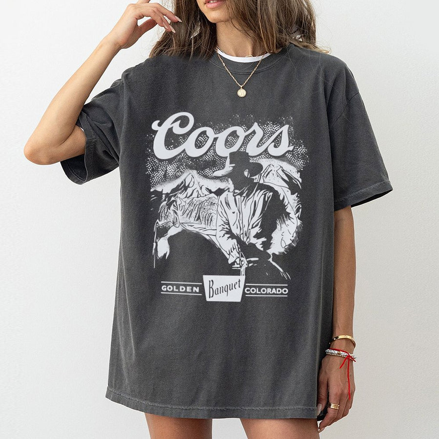Cowboy Coors T-Shirt Western Cowboy Design With Mountain Graphic, Retro Country Style Beer Inspired T-Shirt