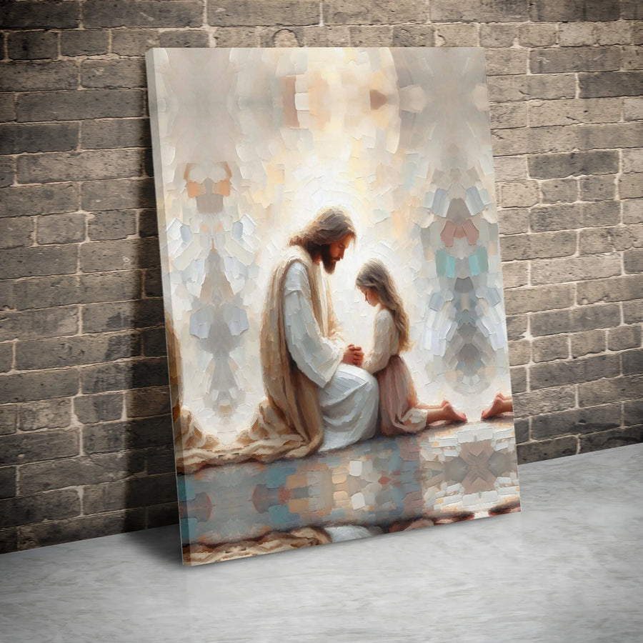 Jesus Praying With Little Girl Canvas Wall Art | Impressionist Religious Decor | 1.25" Gallery Wrap Premium Print | Spiritual Gift for Home