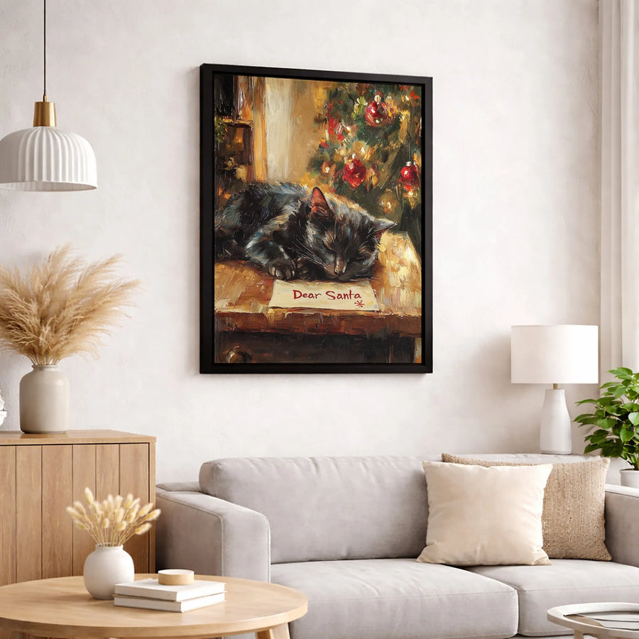 Sleeping Cat Christmas Canvas Wall Art | Dear Santa Letter Painting | Premium Gallery Wrap Print | Festive Holiday Home Decor Gift
