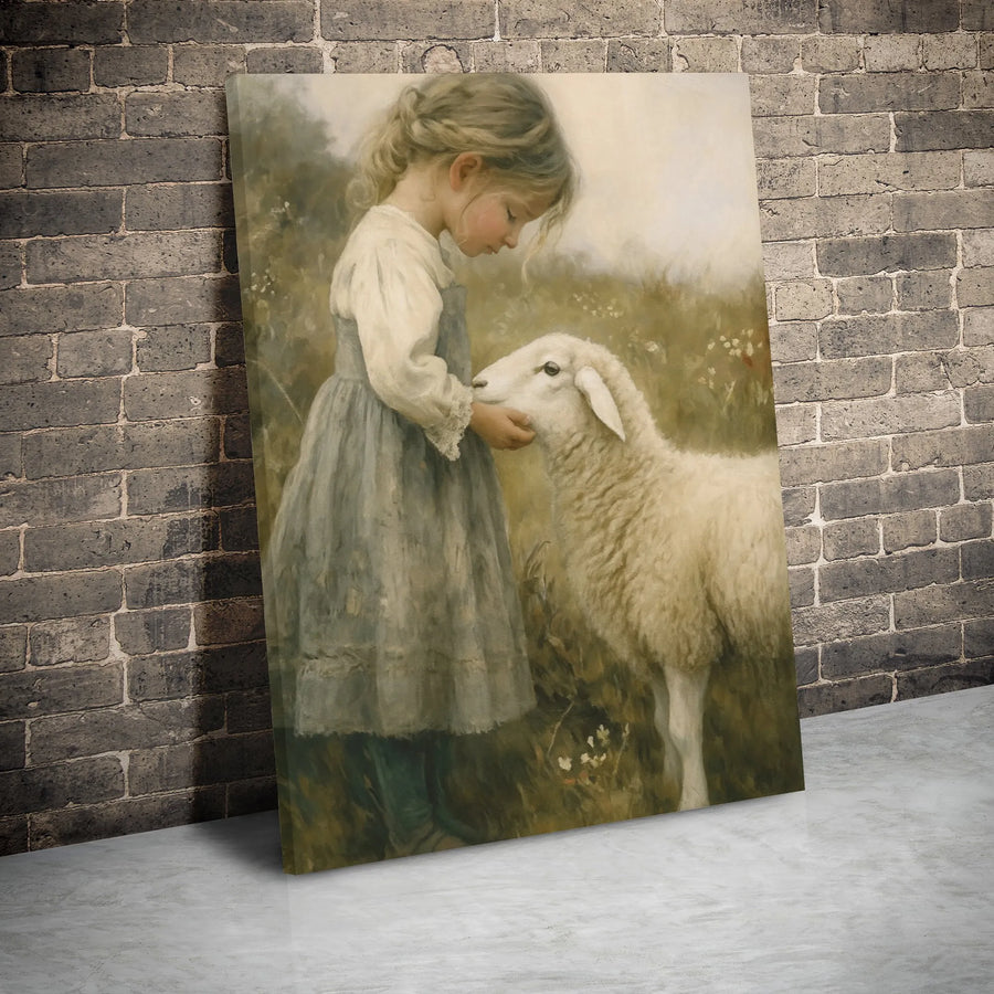 Girl With Lamb Canvas Wall Art | Vintage Pastoral Countryside Oil Painting Print | Premium Gallery Wrap Decor | Farmhouse Aesthetic Gift