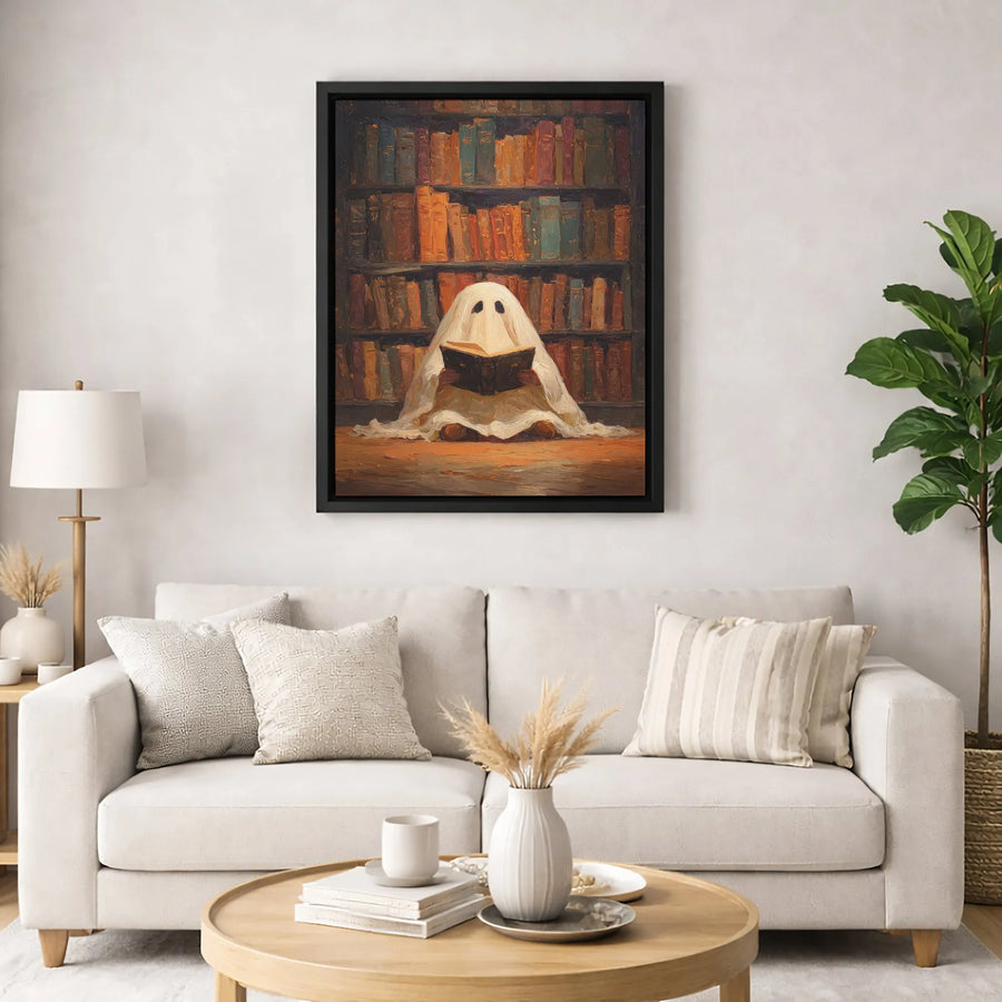 Ghost Reading Book Library Oil Painting Canvas | Dark Academia Spooky Aesthetic | Premium Fade-Resistant Wall Art | Unique Literary Gift for Book Lovers