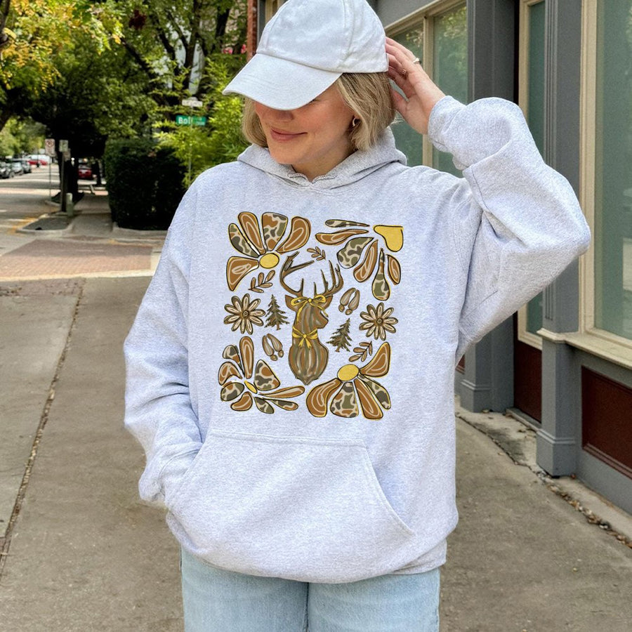 Boho Deer Hoodie | Coquette Bow Camo Floral Graphic | Premium Cotton Blend | Fall Hunting Season Gift for Her