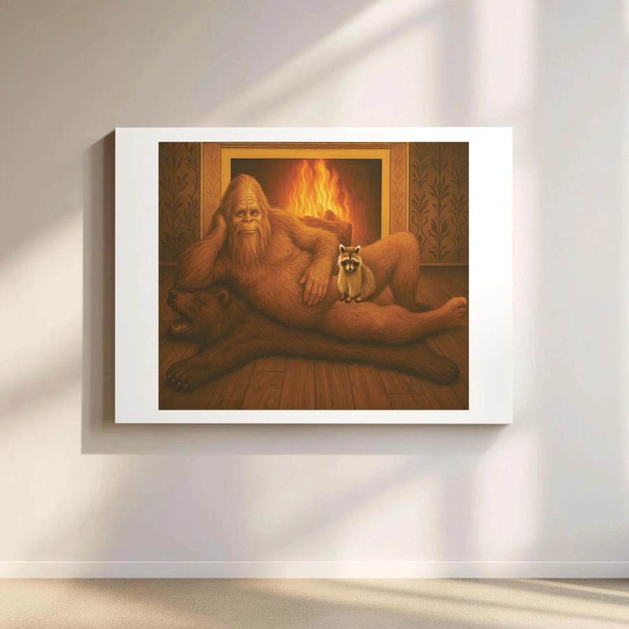 Bigfoot Wall Art | Humorous Sasquatch Seductive Fireplace Portrait | Premium Gallery-Wrapped Canvas | Unique Gift for Cryptid Lovers & Cabin Decor