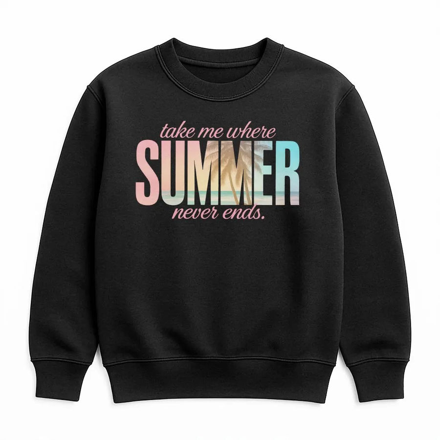 Summer Never Ends Sweatshirt | Coastal Aesthetic Palm Tree Graphic | Premium Cotton Blend | Gift for Beach Lover
