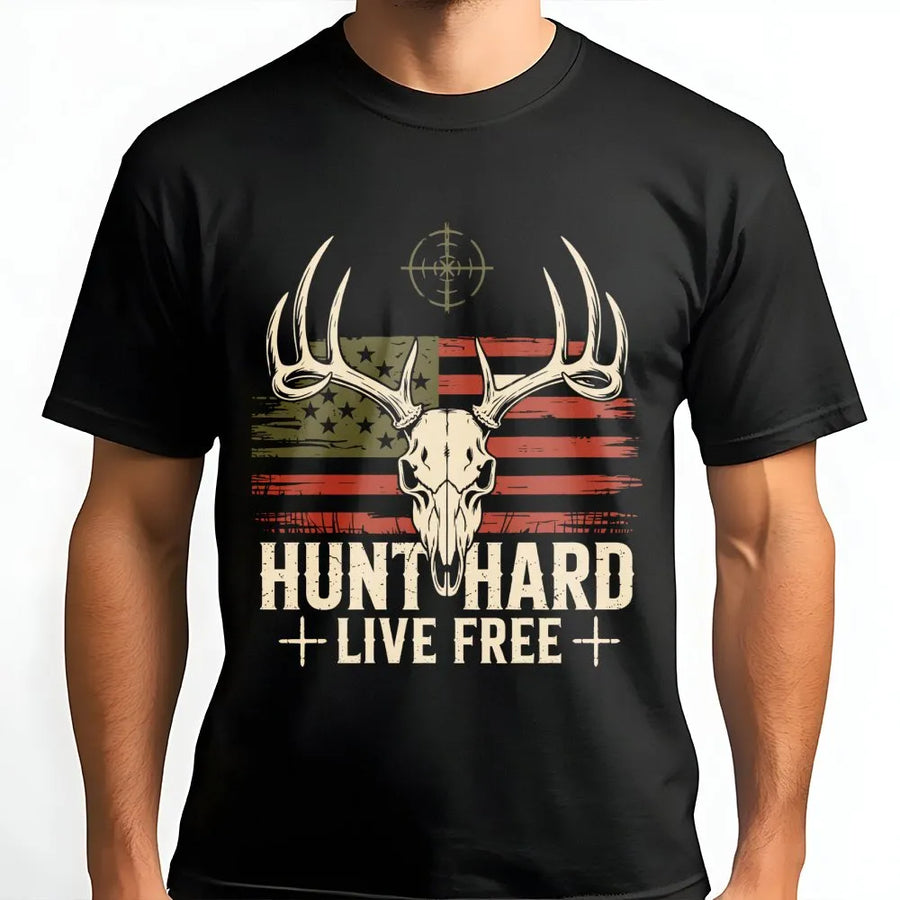 Hunting T-Shirt | Deer Skull American Flag Graphic | Premium Cotton Unisex Tee | Gift for Outdoorsman Hunter