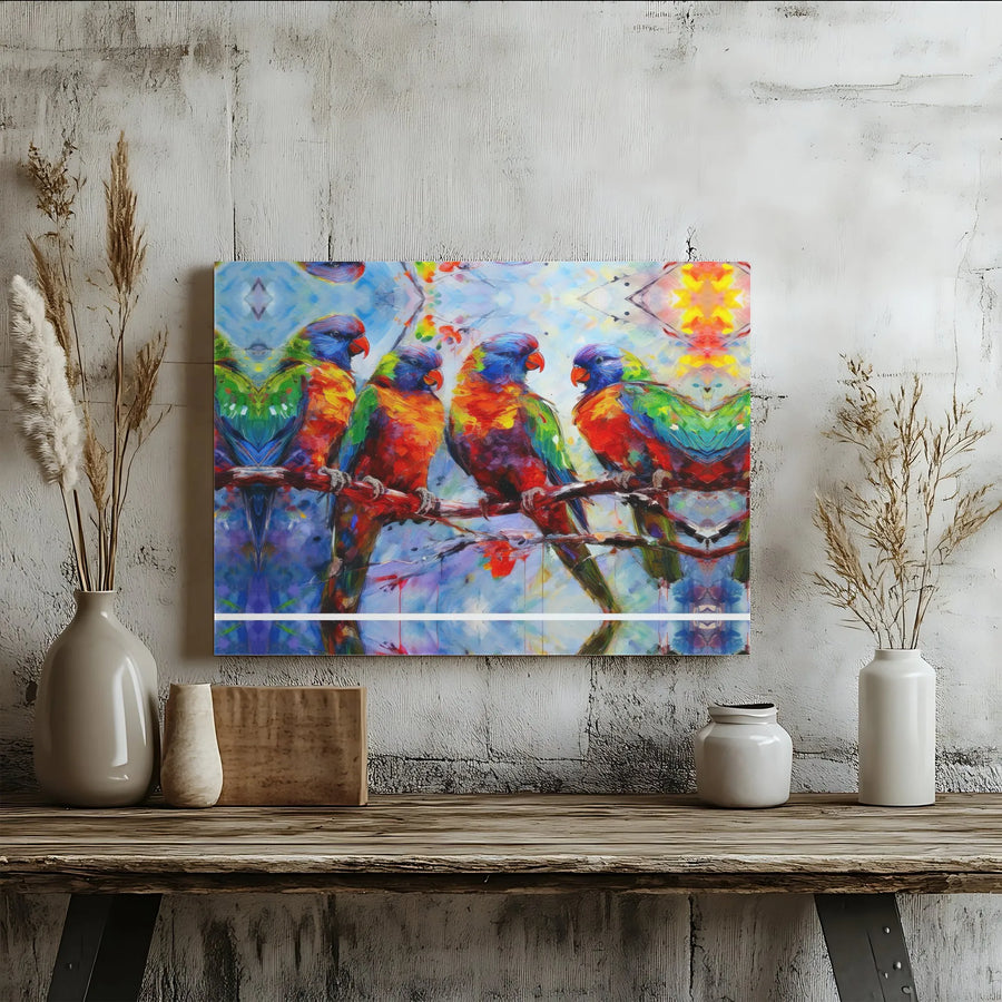 Colorful Rainbow Lorikeet Horizontal Canvas | Vibrant Tropical Parrots Painting Print | Premium 1.25” Stretched Frameless Art | Bright Living Room Decor Gift