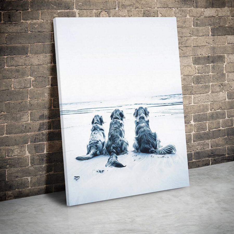Three Golden Retrievers Canvas Wall Art | Coastal Dog Beach Scene Print | Premium 1.25 Inch Gallery Wrap | Gift for Dog Lovers and Pet Owners