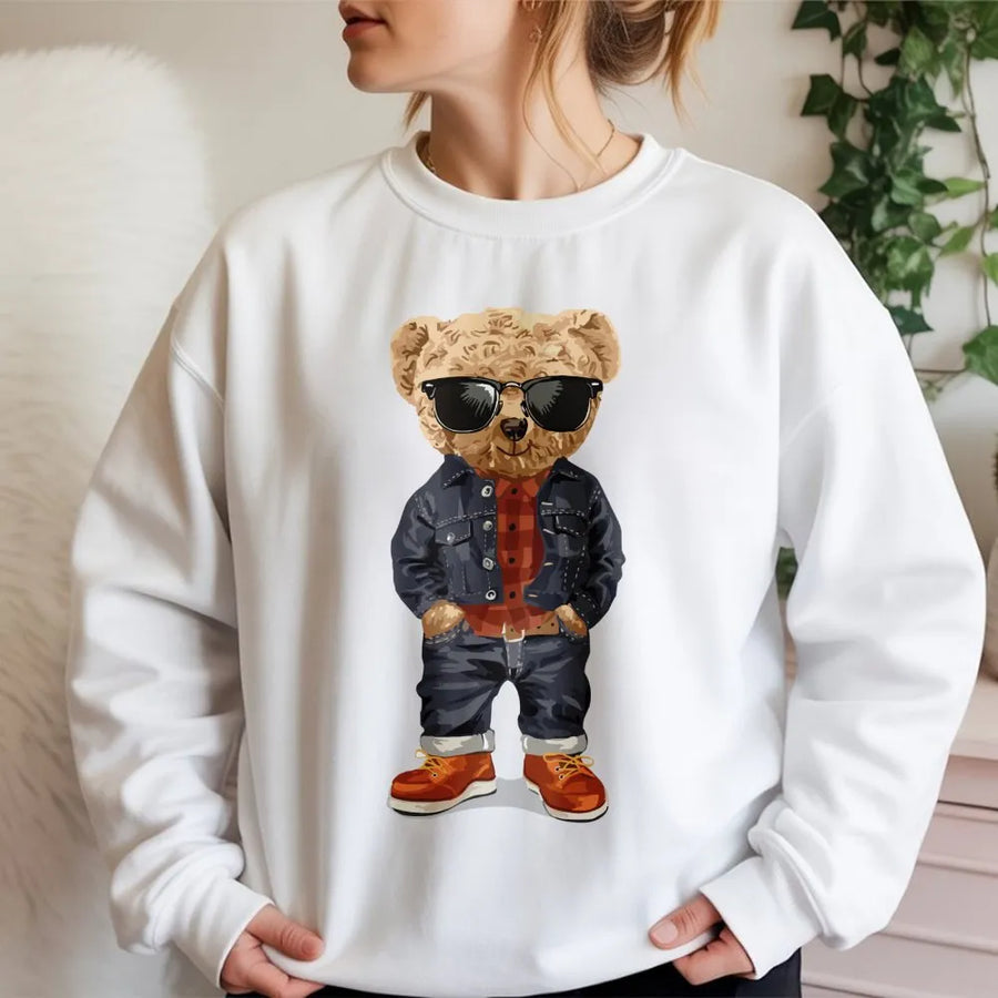 Cool Teddy Bear Graphic Sweatshirt | Stylish Sunglasses & Denim Outfit | Premium Cotton Blend | Streetwear Gift for Men and Women