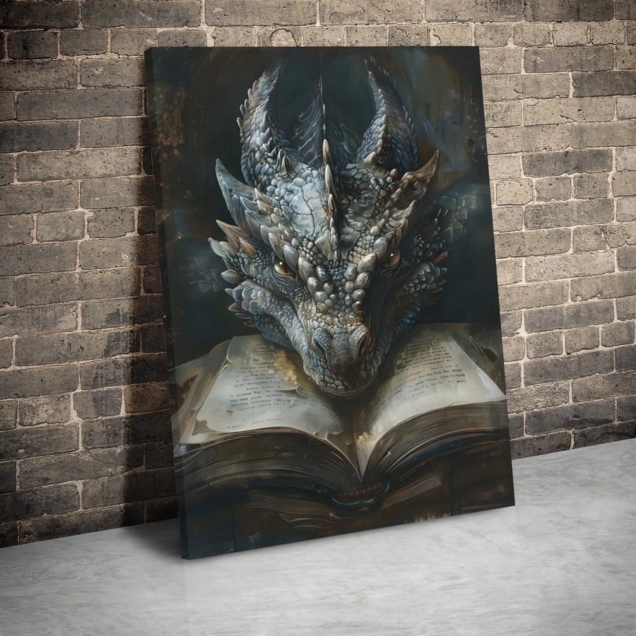 Ancient Dragon Reading Book Canvas | Mythical Beast Fantasy Wall Art | Premium Gallery Wrap Decor | Gift for Fantasy Readers and Nerds
