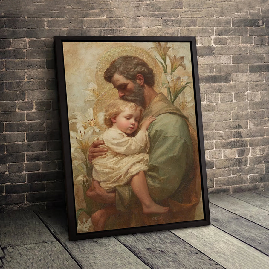 Saint Joseph Holding Baby Jesus Canvas | Religious Wall Art with White Lilies | Premium Fade-Resistant Print | Catholic Home Decor Gift