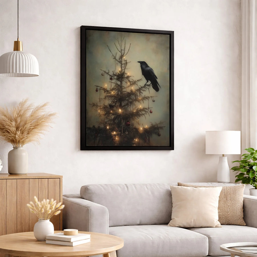 Gothic Raven Christmas Canvas Art | Dark Academia Holiday Wall Decor | Premium 1.25-Inch Wrapped Print | Unique Moody Christmas Gift for Home