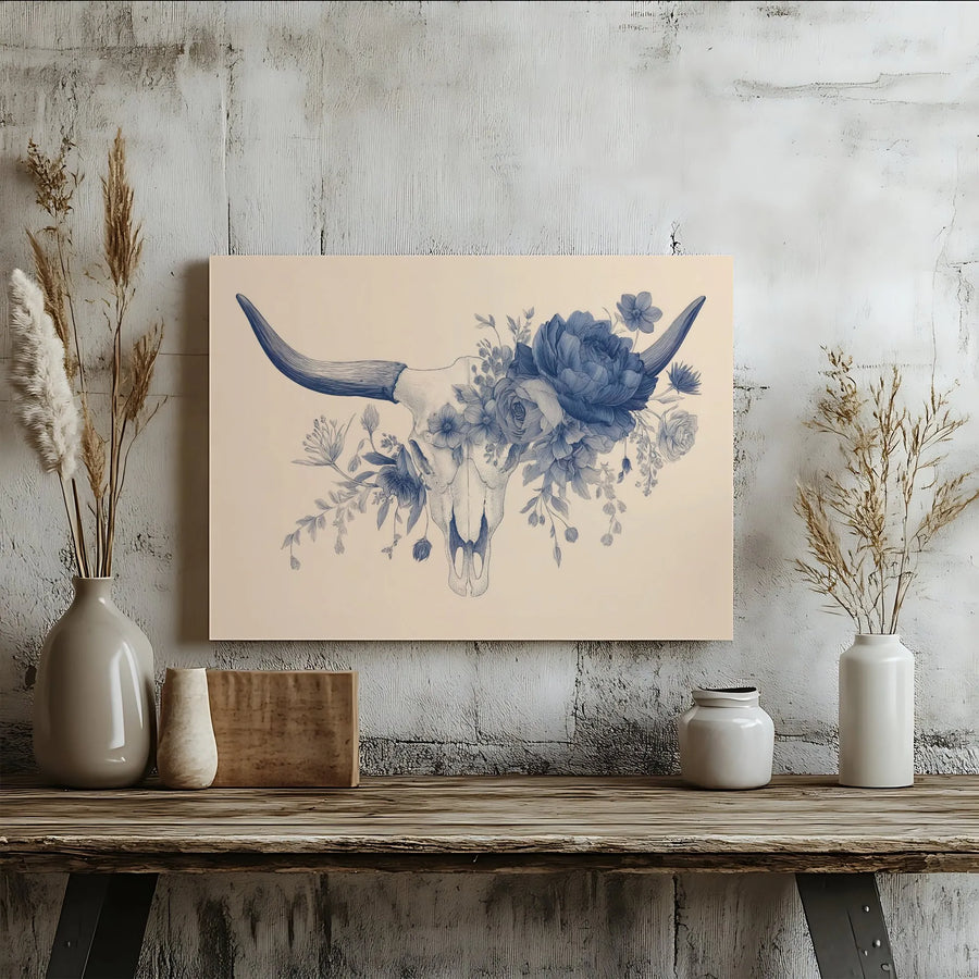 Floral Bull Skull Horizontal Canvas Wall Art | Boho Steer Horns Botanical Sketch | Premium 1.25” Gallery Wrap | Modern Southwest Desert Home Decor Gift