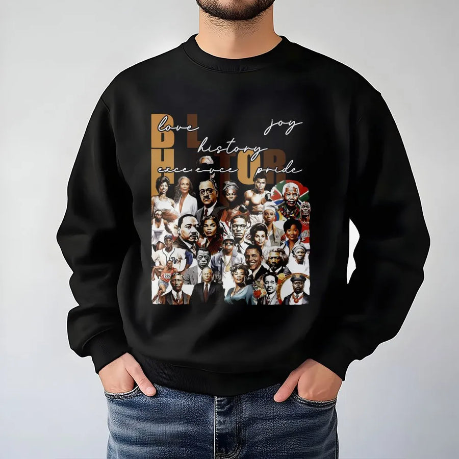 Black History Month Sweatshirt | Iconic Leader Collage Graphic Print | Cotton Blend Premium Crewneck | Unisex Cultural Pride Gift for Adults