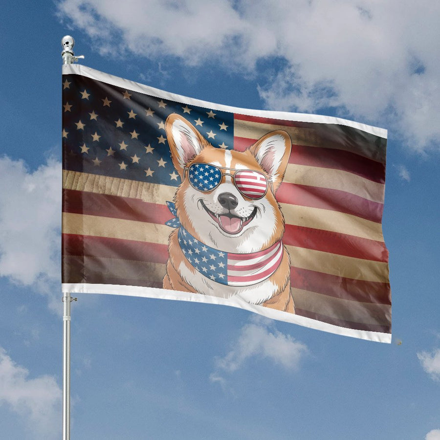 Patriotic Corgi House Flag | American Flag Sunglasses Design | Durable Weather-Resistant Polyester | Outdoor Home Decor Gift