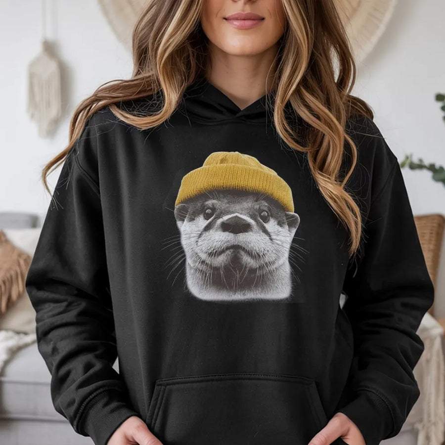 River Otter Hoodie | Cute Animal Wearing Mustard Beanie Design | Premium Cotton Blend Sweatshirt | Unique Wildlife Gift for Men and Women