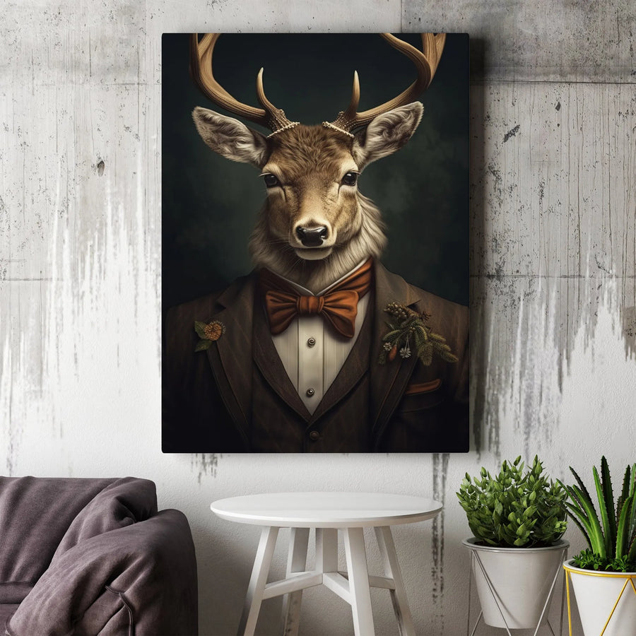 Gentleman Deer Portrait Canvas | Anthropomorphic Woodland Animal Wall Art | Premium Gallery-Wrapped Print | Unique Office Decor Gift