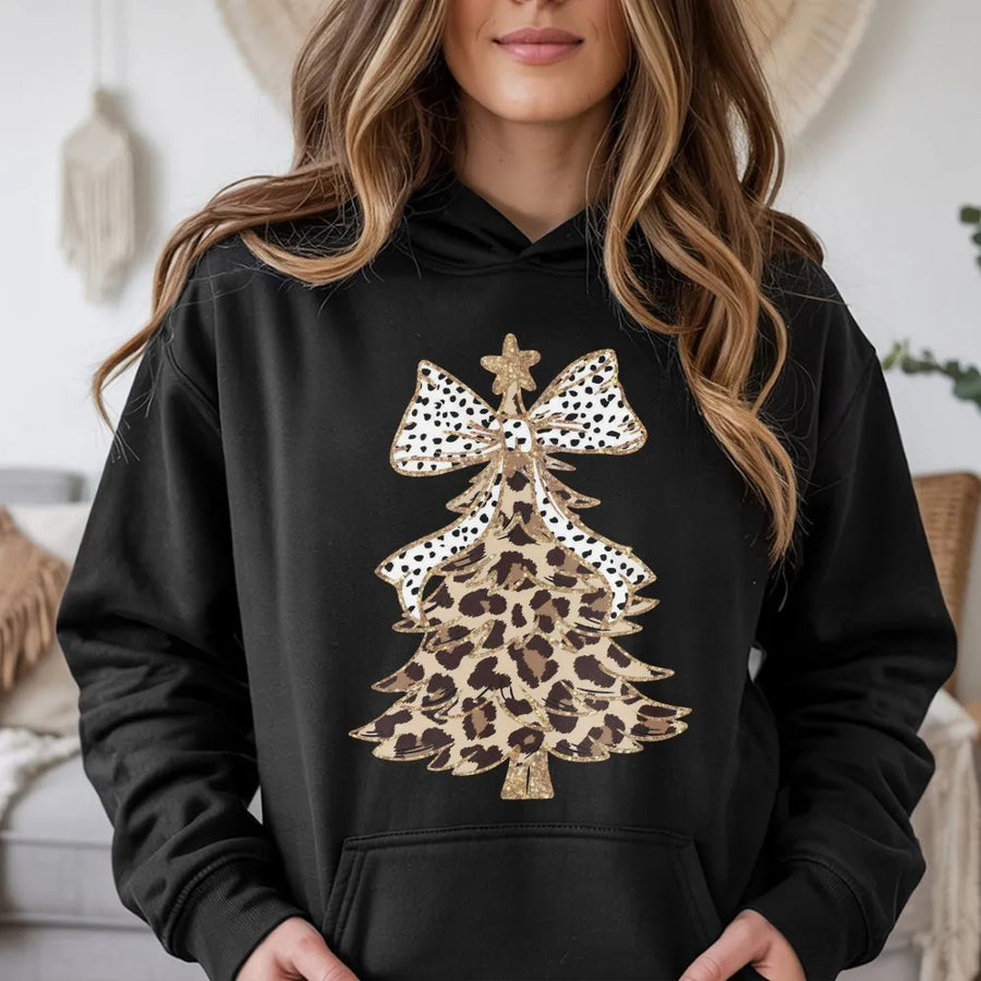 Leopard Print Christmas Tree Hoodie | Festive Polka Dot Bow Design | Premium Cotton Blend | Cozy Holiday Gift for Women and Men