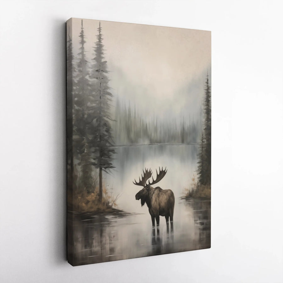 Moose Canvas Wall Art | Misty Forest Lake Landscape | 1.25 Inch Premium Gallery Wrap | Rustic Nature Home Decor Gift for Wilderness Lovers