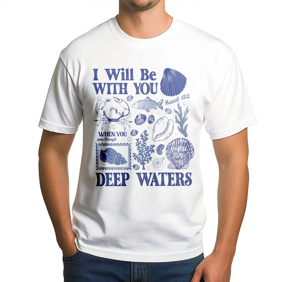 Isaiah 43:2 Bible Verse T-Shirt | Seashell Ocean Graphic Design | Premium Cotton Christian Apparel | Faith-Based Gift for Her and Him