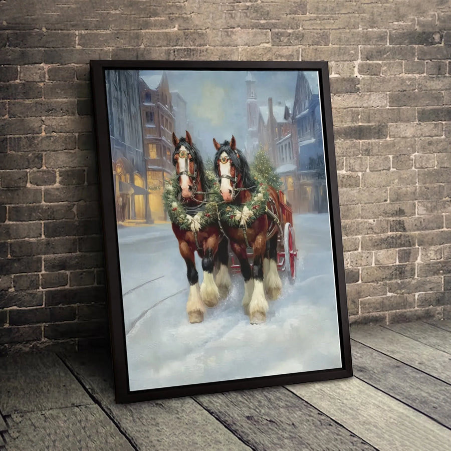 Christmas Horse Carriage Canvas Wall Art | Snowy Town Winter Scene | Premium Gallery Wrap Print | Festive Holiday Decor For Farmhouse Home