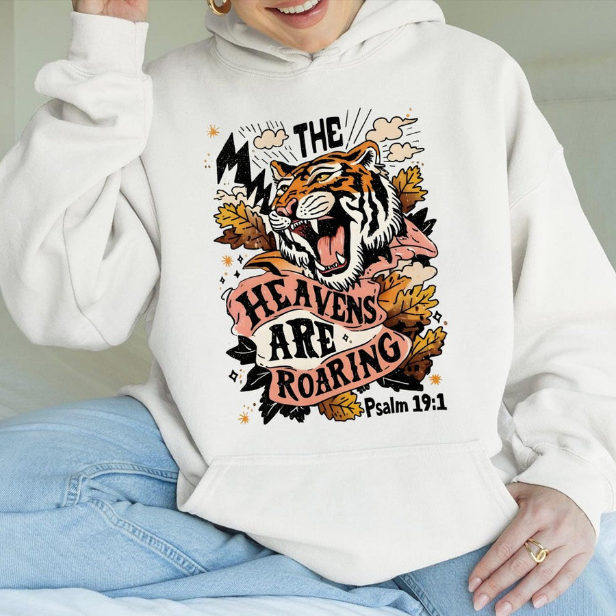 The Heavens Are Roaring Hoodie | Psalm 19:1 Tiger Christian Graphic | Premium Cotton Blend | Faith-Based Gift for Believers