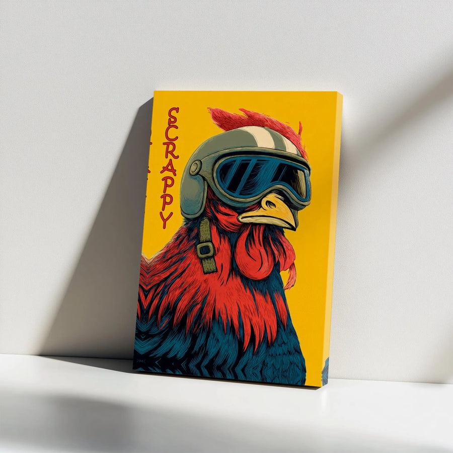 Scrappy Rooster Wall Art | Cool Chicken in Motorcycle Helmet Design | Gallery Wrap Premium Canvas | Unique Gift for Biker Home Decor