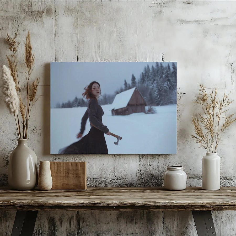 Winter Warrior Canvas Print | Woman with Axe in Cinematic Snow Scene | Gallery Quality Wall Art | Fantasy Art Collector Gift