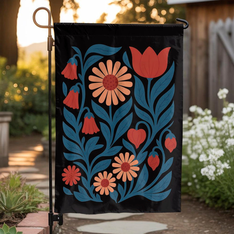 Mid Century Modern Floral Garden Flag | Retro Folk Art Botanical Yard Decor | Weather-Resistant Premium Polyester | Housewarming Outdoor Gift