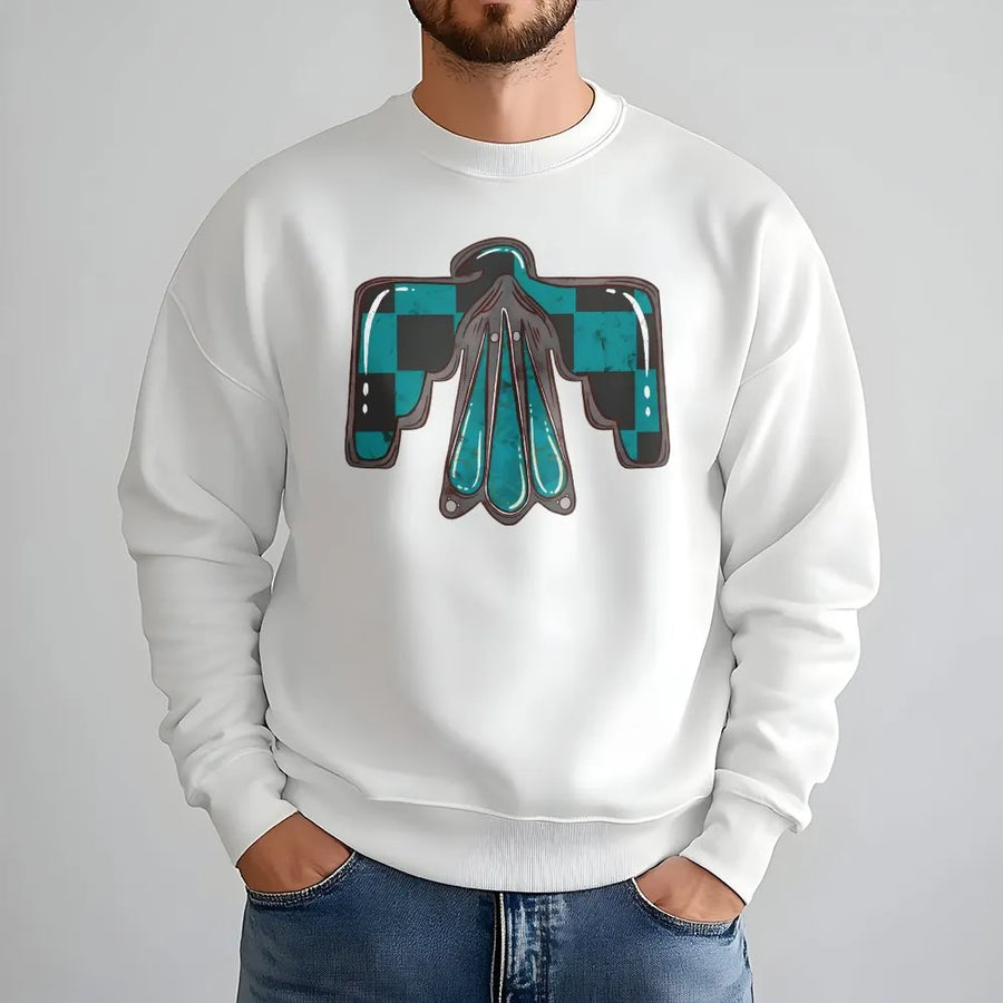 Checkered Thunderbird Sweatshirt | Western Graphic Boho Design | Premium Cotton-Poly Blend | Aesthetic Cowgirl Gift for Women and Men