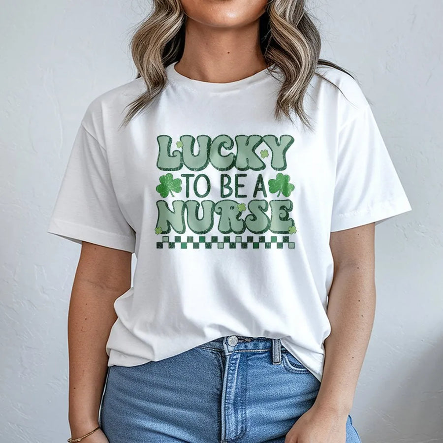Lucky To Be A Nurse T-Shirt | St Patricks Day Shamrock Graphic | Premium 100% Cotton | Nursing Student & RN Gift