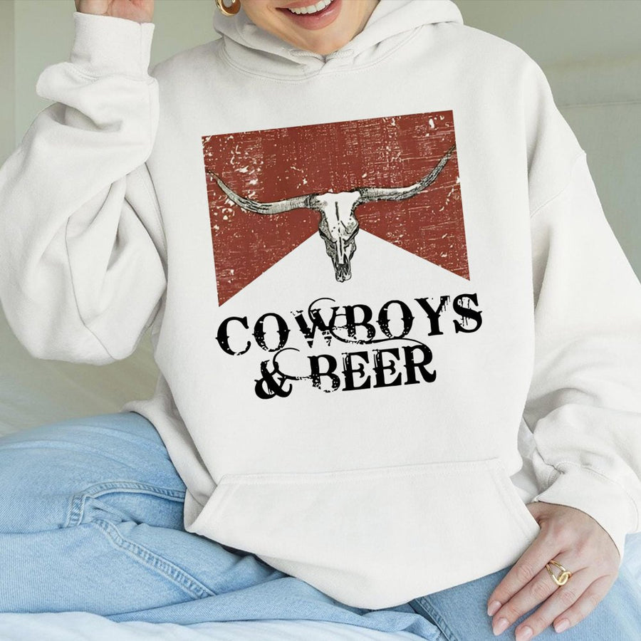 Cowboys and Beer Hoodie | Vintage Western Bull Skull Graphic | Cotton Blend Premium Pullover | Country Music Gift for Men and Women