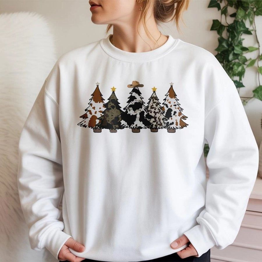 Country Christmas Sweatshirt | Cowhide Pattern Xmas Trees | Premium Soft Cotton Blend | Western Holiday Gift for Women and Men