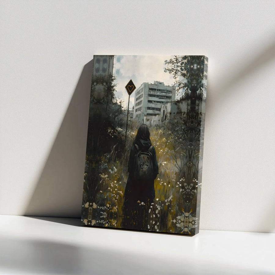 Post-Apocalyptic City Canvas Wall Art | Dystopian Girl Wanderer Decor | Gallery Wrap Premium Print | Moody Home & Office Gift