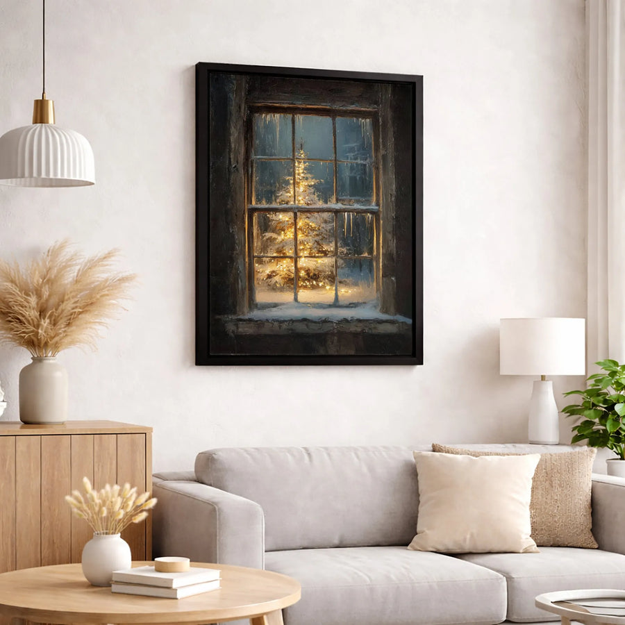 Christmas Tree Wall Art | Snowy Window Winter Landscape | Premium Gallery Wrapped Canvas | Cozy Holiday Home Decor Gift