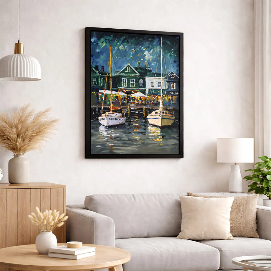 Sailboat Harbor Wall Art | Impressionist Night Scene Oil Painting Style | 1.25" Gallery Wrapped Canvas | Coastal Home Decor Gift for Art Lovers