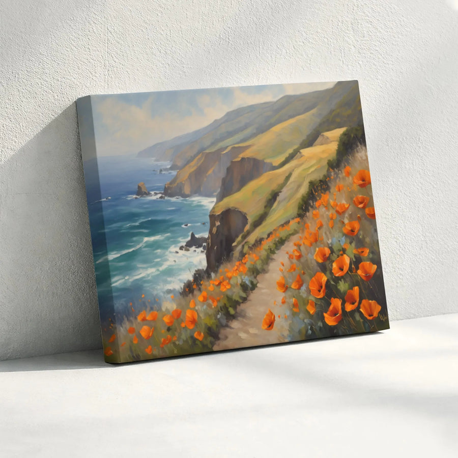 California Coastal Poppies Canvas Wall Art | Impressionist Ocean Landscape Print | Premium 1.25" Gallery Wrap | Scenic Nature Decor for Living Room