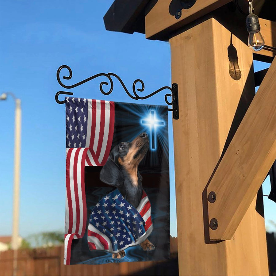 Dachshund Garden Flag | Patriotic American Flag & Cross Design | Premium Fade-Resistant Polyester | Memorial Day Yard Decor Gift