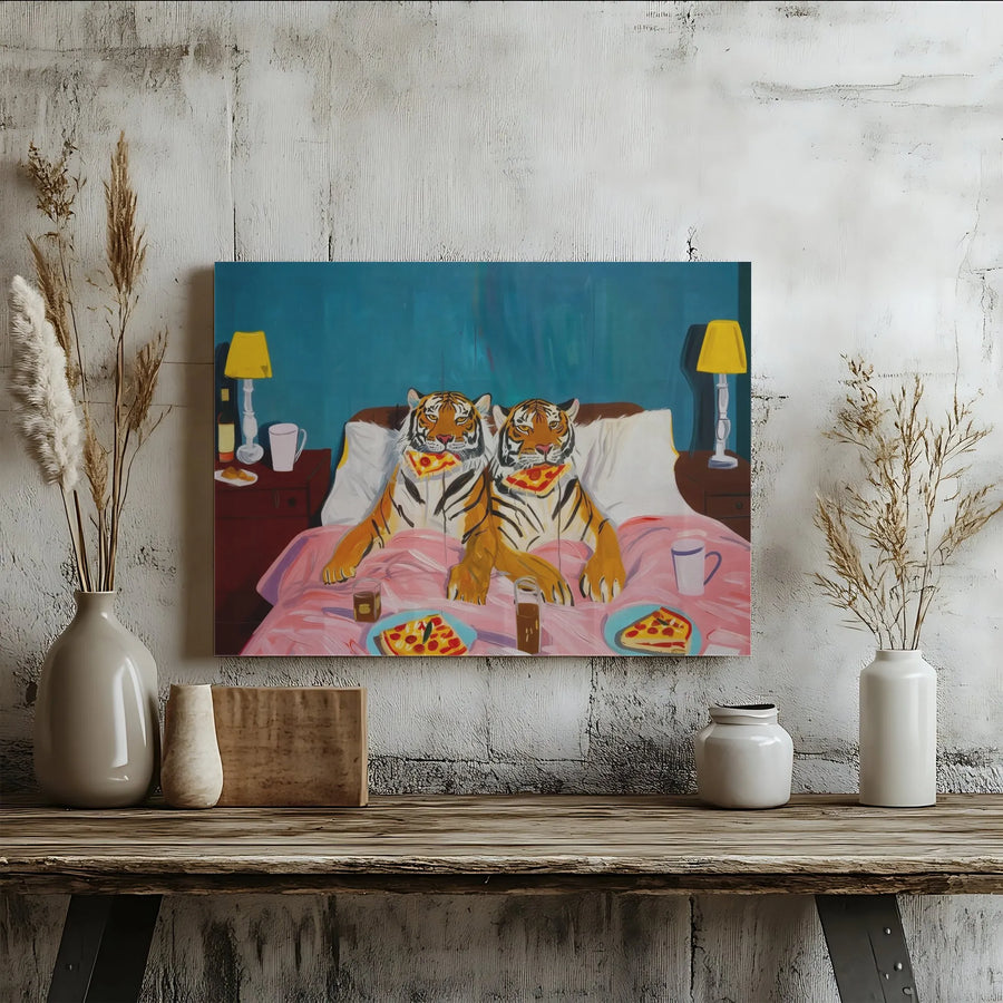 Tigers Eating Pizza Canvas Art | Whimsical Animal Wall Decor | Premium 1.25-Inch Framed Canvas | Unique Modern Home Gift for Animal Lovers