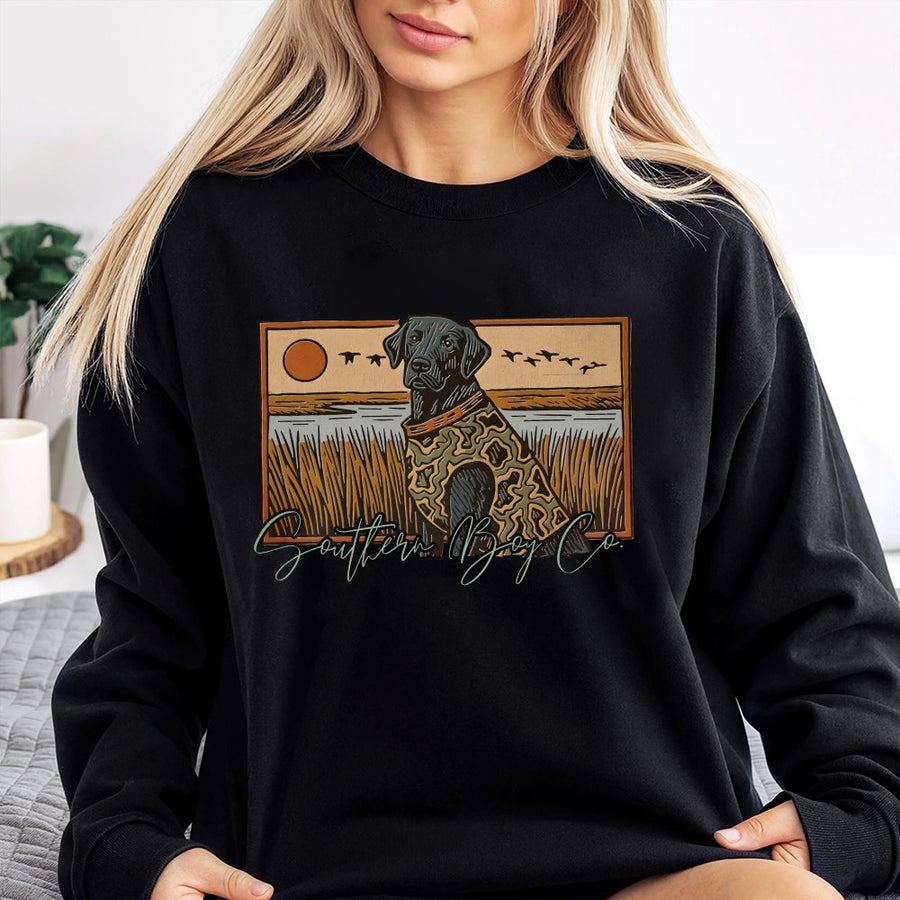 Black Lab Marsh Sweatshirt | Hunting Dog Graphic Print | Premium Cotton Blend | Unisex Country Life Gift for Dog Lovers